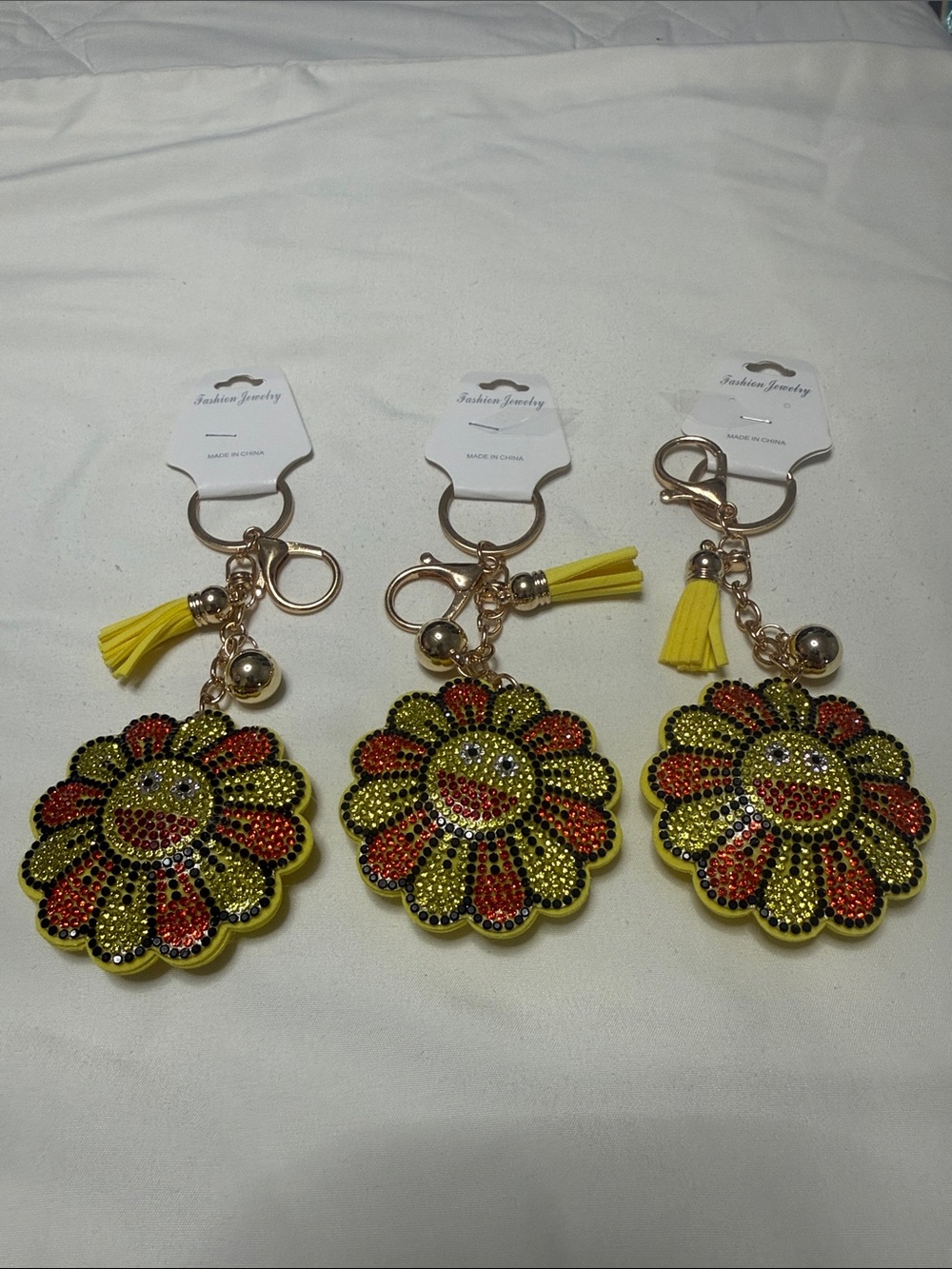Sets of 3 Fashion Jewelry Yellow Floral Rhinestone Keychain with Tassel